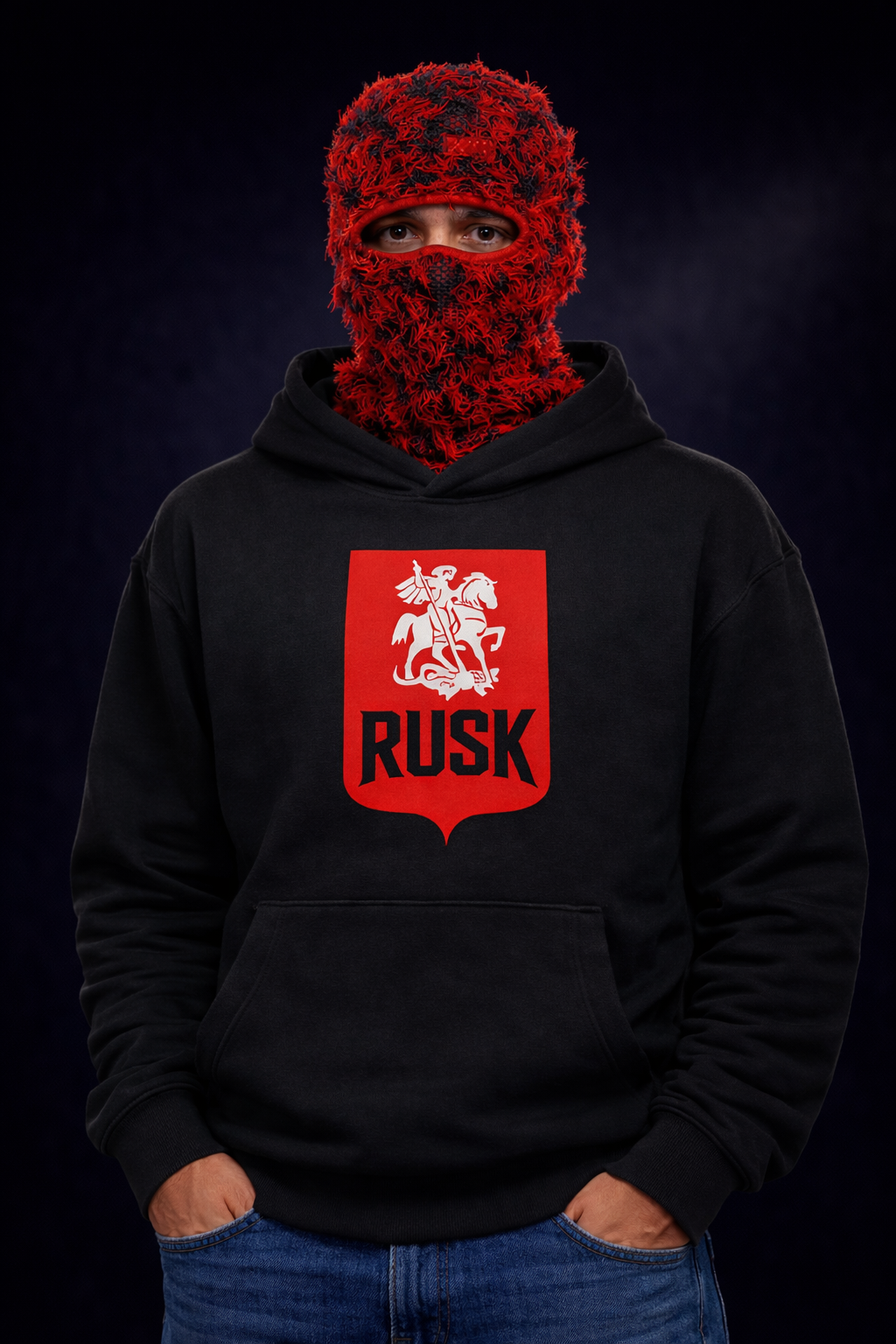 RUSK signature Black hoodie for men with bold logo, premium fit and strong identity
