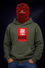 Olive green RUSK hoodie for men with premium quality and bold identity