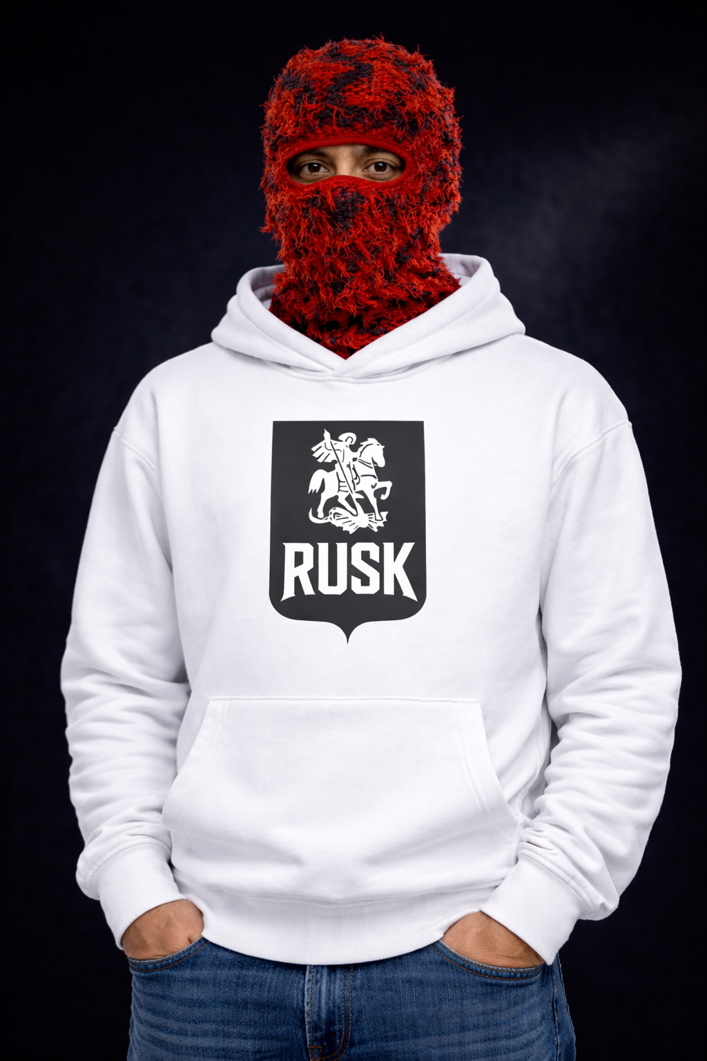 White RUSK signature hoodie for men with bold logo and premium cotton