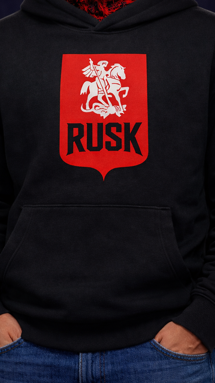 Black hoodie men with a red and white logo featuring a knight on a horse and the word 'RUSK'.