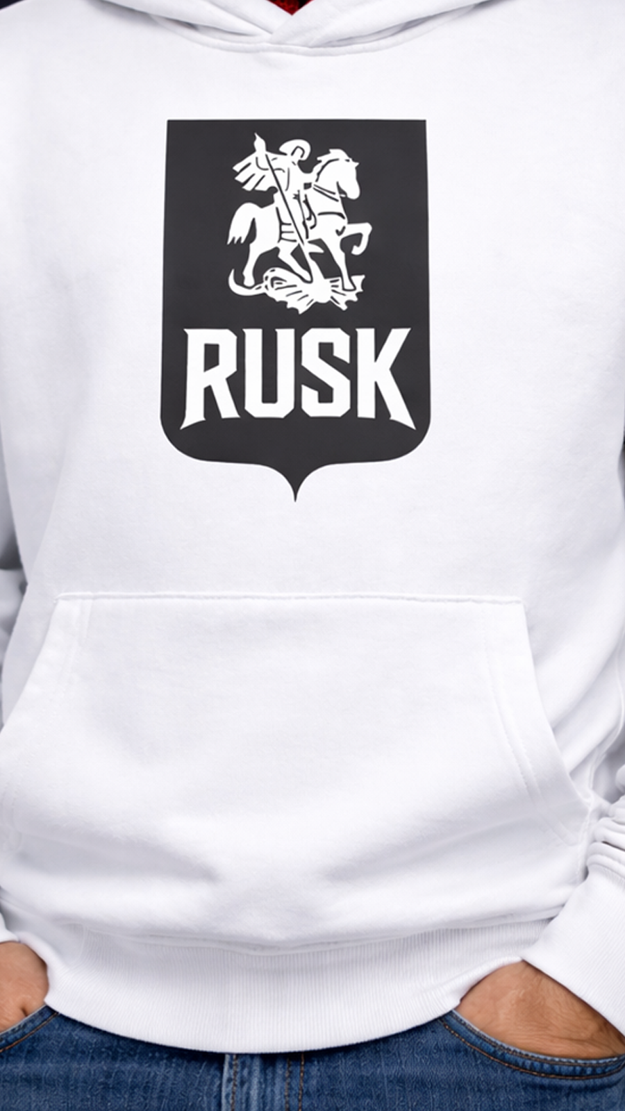 White hoodie for men with a black logo featuring a horse and the word 'RUSK'.