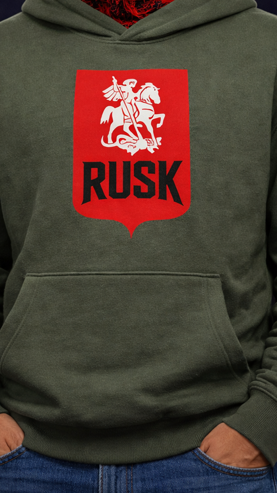 Olive Green hoodie with a red and white logo and 'RUSK' text on a dark background